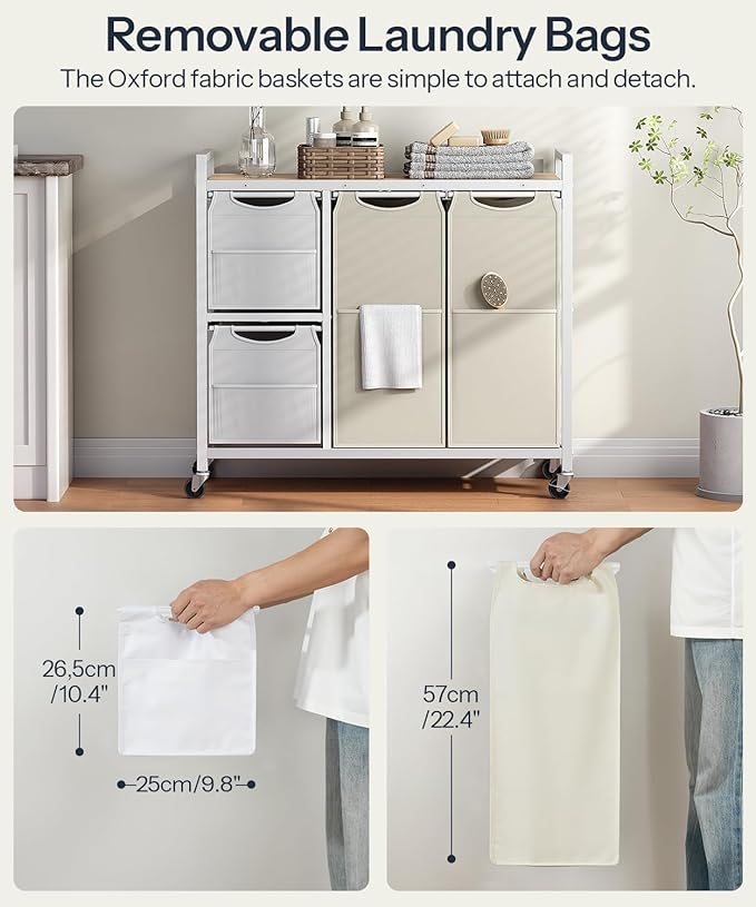 HOOBRO Laundry Sorter with 4 Section, 39 Gal. (147 L) Laundry Hamper with Wheels, Rolling Laundry Basket with Shelves, Pull-Out Detachable Bags, Side Pockets, White, Natural and Beige WNE14XY01N1