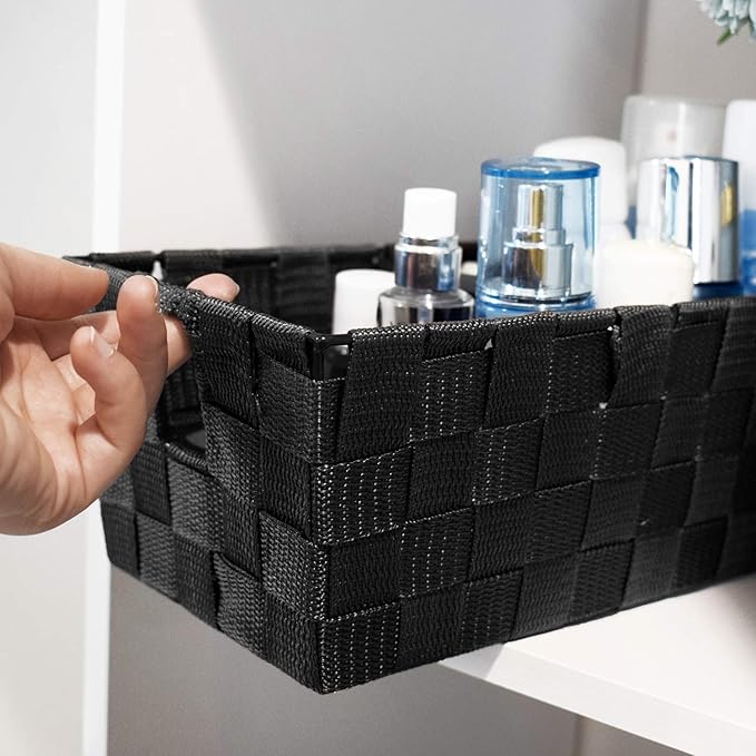 homyfort Woven Black Storage Baskets Shelf Tote Boxes Container, Durable Storage Organizer Bins with Built-in Handles for Bedroom, Office, Closet, Kids Room, Nursery, 3-Pack,11.4”x 6.5”x 4.5”