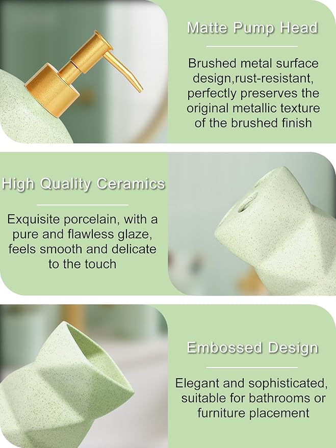 Ceramic Bathroom Accessories Set, 4-Piece Green Bathroom Set Complete with Soap Dispenser Set, Toothbrush Holder, Tumbler & Soap Dish – Bathroom Sets Accessories for Home, Apartment, Idea