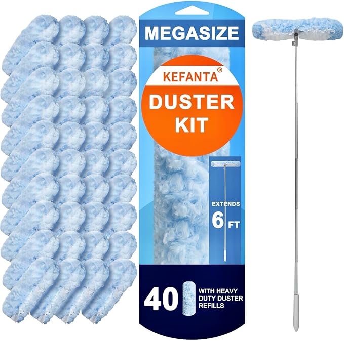 KeFanta Duster Refill Kit with 6 ft Super Extendable Handle Compatible with Swiffer, 360° Disposable Microfiber Dusting Pads for Home Cleaning, Ceiling, Fan, Window, Hard-to-Reach Areas，40Pcs