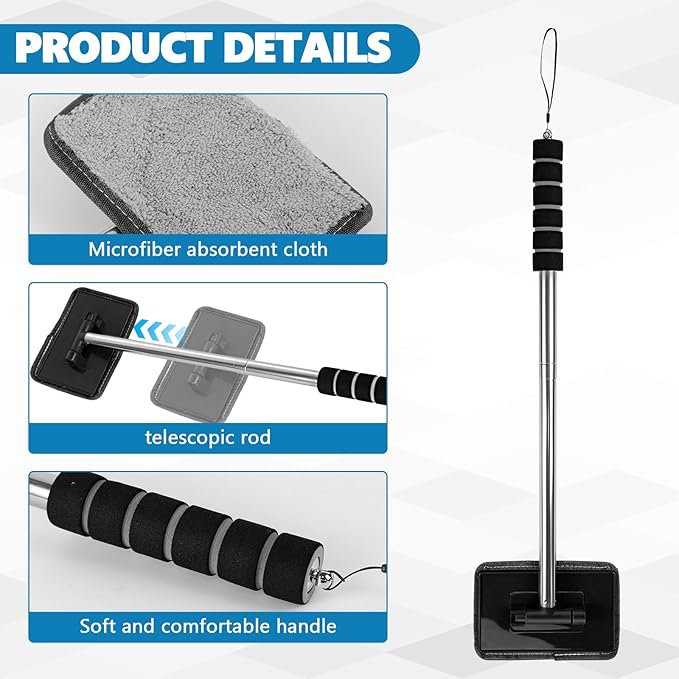 Car Windshield Cleaning Tool, Car Windshield Window Cleaner, Auto Glass Wiper Tool with Extendable Handle & Reusable Microfiber Pad, Universal Vehicle Cleaning Car Accessories (Black)