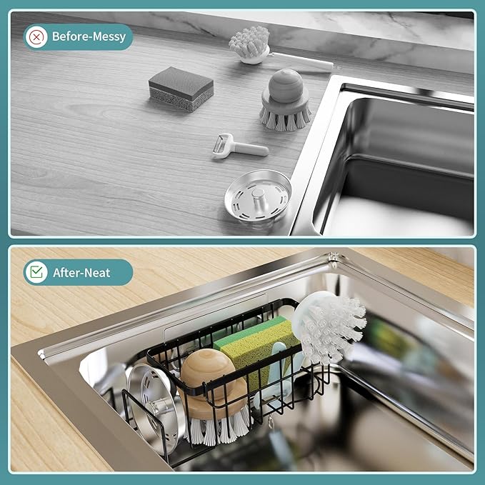StorageRight 4-in-1 Sponge Holder for Kitchen Sink, Sink Caddy Organizers and Storage with Adhesive Hook & Suction Cups, Rustproof Kitchen Sink Organizer for Home Decor - Black