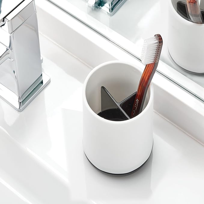 iDesign Toothbrush Holder with 3 Divided Sections for Bathroom or Vanity - Matte White/Matte Black