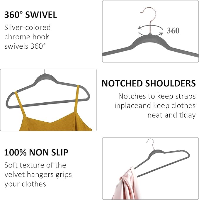 VECELO Premium Velvet Clothes Hangers Suit Heavy Duty (100 Pack)-Non Slip & Space-Saving with 12 Finger Clips & 2 Tie Rack Excellent for Men and Women,Gray