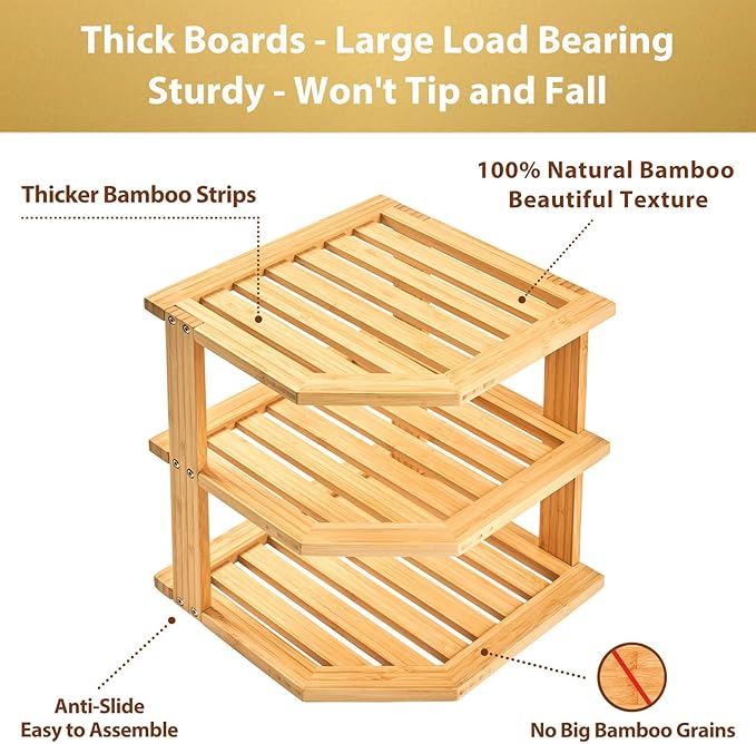 Umilife Plate Organizer for Cabinet, Extra Tall Bamboo Corner Shelf, Dish & Bread Organizer, Spice Rack, Kitchen Bathroom Countertop Storage Organization Space Saver