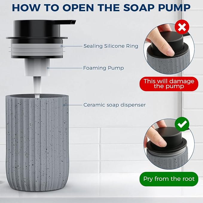 Ceramic Foaming Hand Soap Dispenser，12 oz Bathroom Soap Dispensers， Lotion Dispenser for Kitchen, Refillable Matte Streaks Soap Dispenser with Large Pump (Gray)