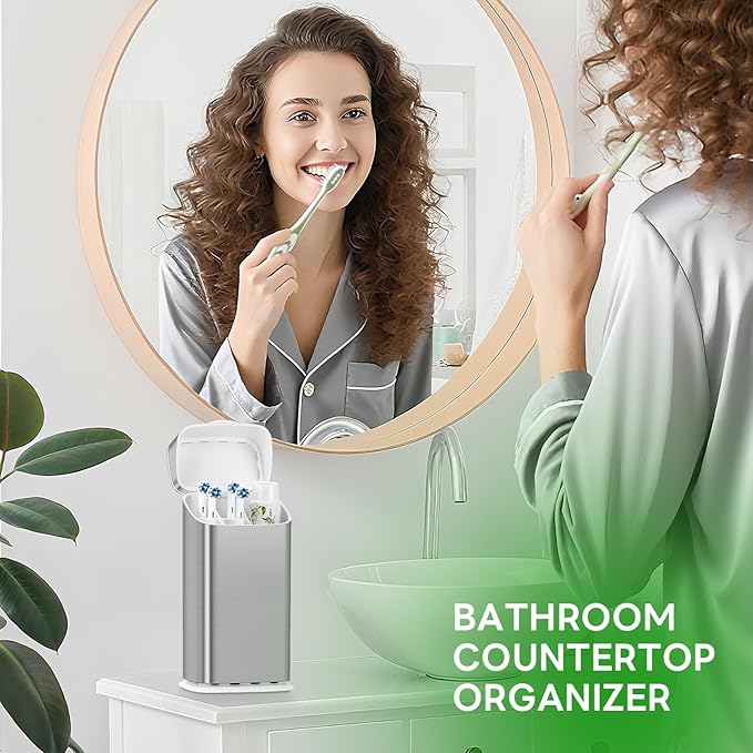 GFWARE Toothbrush Holders with Cover - Electric Toothbrush Length Less Than 9 inches, 5 Slots Tooth Brush Holder for Bathroom, Detachable Toothpaste Holder Bathroom Organizers with Drainage, Silver
