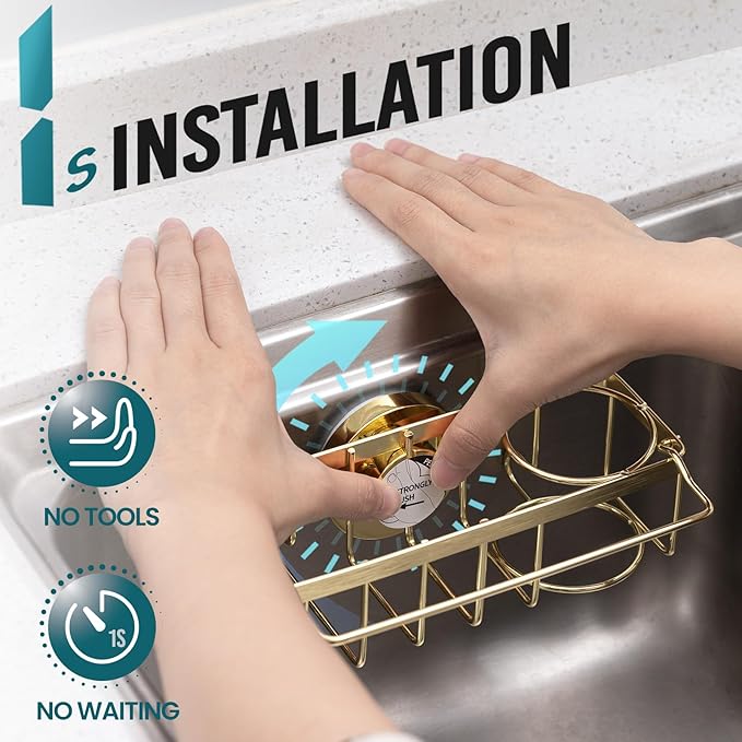 TAILI 4-in-1 Sponge Holder for Kitchen Sink with Strong Suction Cup Removable, Rustproof Stainless Steel Sink Caddy for Sponge, Brush, Scrubber, Scraper -Gold