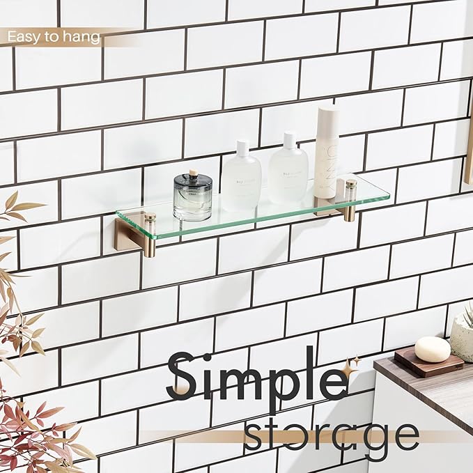 KOKOSIRI Wall Shelves Bathroom Hardware Tempered Glass Floating Shelf Hanging Rack Storage/Room Decor 20-Inch Champagne Bronze 2 Pack B1105CPG-L20-P2