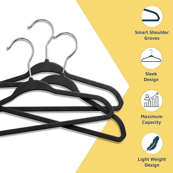 Black Velvet Kids Hangers 20 Pack, 10.83" Non-Slip Baby & Toddler Hangers for Clothes, Space-Saving Slim ABS Plastic with 360° Swivel Hook & Notched Shoulders, Up to 10 lb Capacity