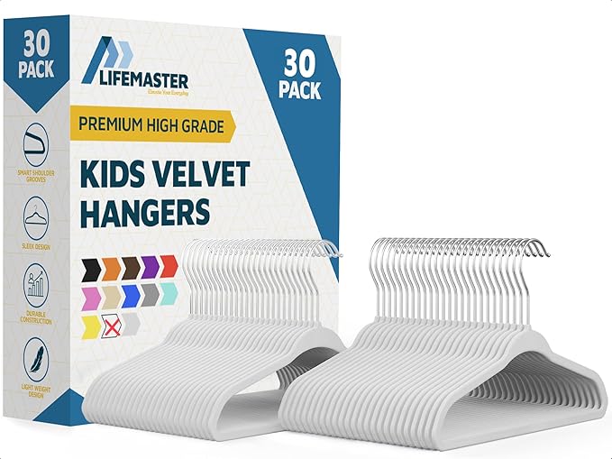 White Velvet Kids Hangers 30 Pack, 10.83" Non-Slip Baby & Toddler Hangers for Clothes, Space-Saving Slim ABS Plastic with 360° Swivel Hook & Notched Shoulders, Up to 10 lb Capacity