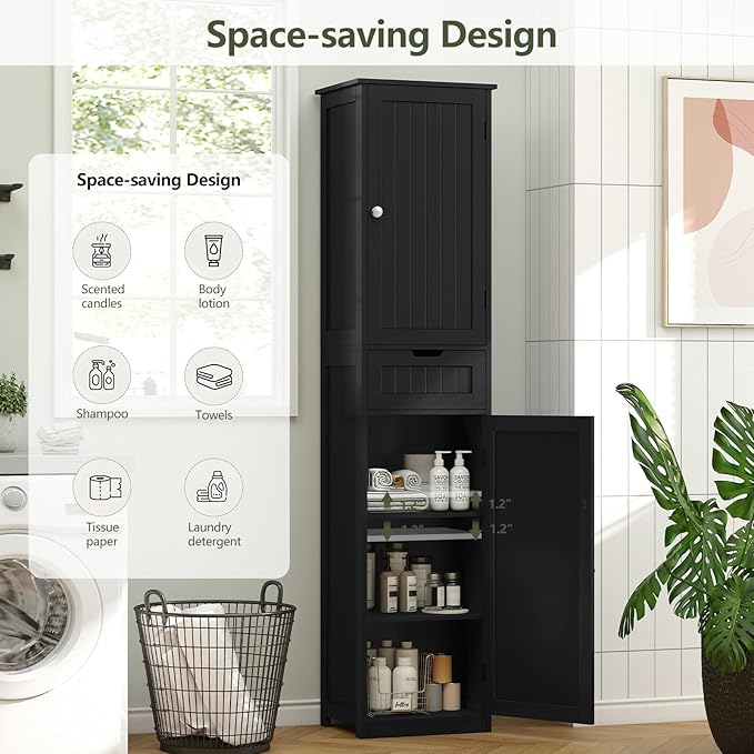 Iwell Tall Black Bathroom Cabinet with 2 Doors and 1 Drawer, Bathroom Storage Cabinet with Adjustable Shelves, Narrow Storage Unit for Living Room, Entryway, Kitchen, Black