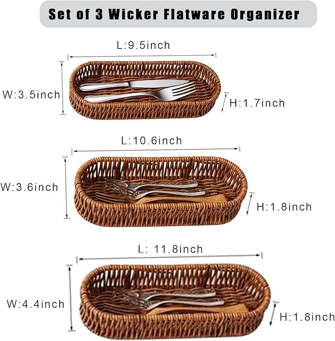Set of 3 Silverware Drawer Organizer Makeup Baskets, Wicker Flatware Organizer for Knives Spoons Fork , Utensil Basket for Kitchen Drawers Cutlery Holder for Party Brown