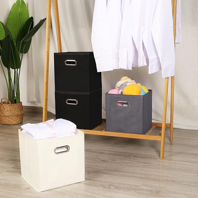 Yunkeeeper storage bins Cubes, Fabric Cube Organizer with Handle, Foldable Cube Bins for Cloth or Accessary Storage, 11x11x11, Set of 6, (Gray)