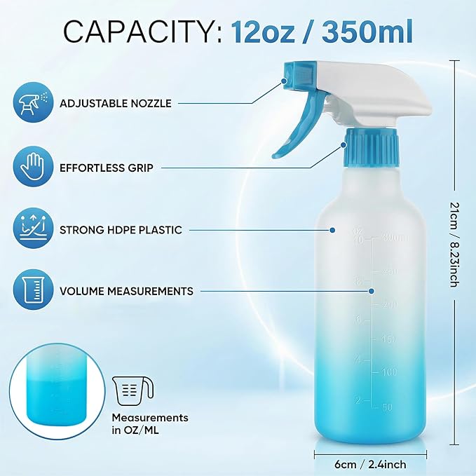 Spray Bottles 12oz HDPE Spray Bottle for Hair Mist/Stream Empty Sprayer Heavy Duty Refillable Containers for Cleaning Solutions, Plants, Vinegar 2 Pack (Blue, 12oz)
