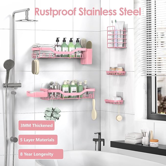 Shower Caddy Adhesive Shower Organizer 7-Pack, Rustproof Stainless Steel Bathroom Shelves, Large Capacity No-Drill Rack Storage Accessories with Soap Dish Toothbrush Holder Hooks