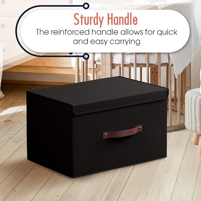 Ornavo Home 6 Pack Collapsible Storage Bins with Lid, Foldable Linen Fabric Shelf Storage Basket Closet Organizer and Large Storage Box for Clothes with Leather Handles, 15 x 10 x 9, Black