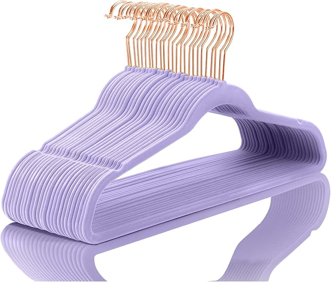 MIZGI Premium Velvet Hangers (60 Pack) Heavy Duty - Non Slip Felt Hangers - Velvet Suit Hanger Light Purple - Rose Gold Hooks,Space Saving Clothes Hanger
