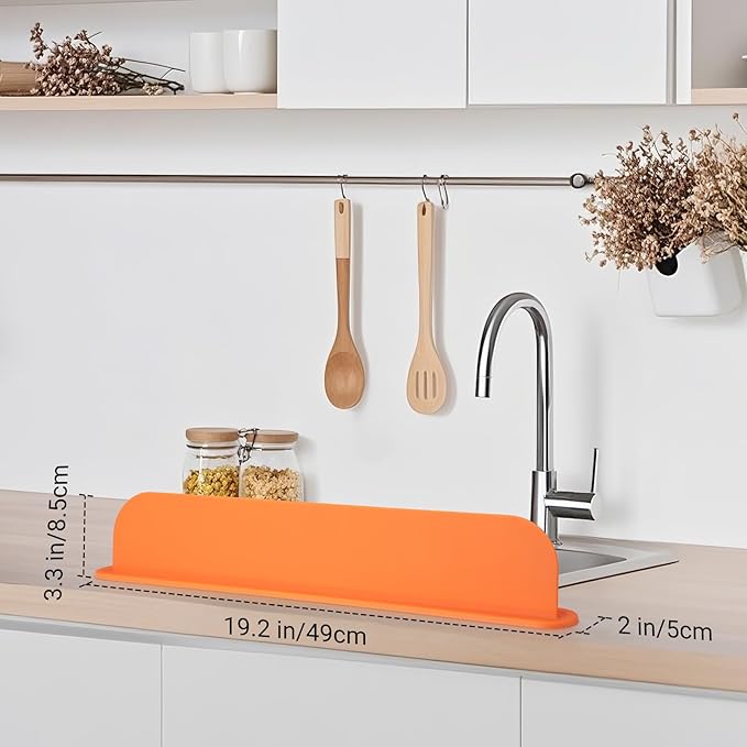 19.29 inch Sink Water Splash Guard, Silicone Sink Splash Guard, Backsplash Protector for Kitchen Countertop & Bathroom Bathtub with Non-Slip Strong Suction, Orange