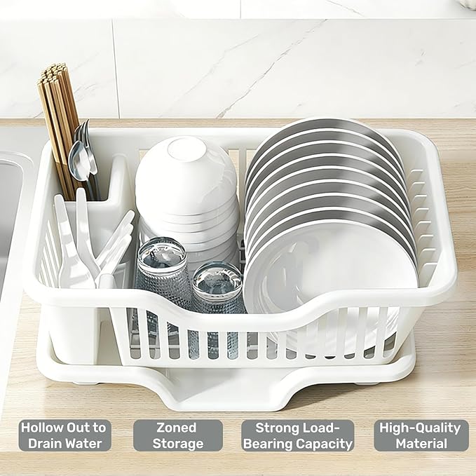 2-Piece Plastic Dish Drying Rack, Heavy Duty Sink Set Dish Rack, White Large Drainer with Attached Drainboard Utensil Cup Holders for Home Kitchen Counter Top Organizers