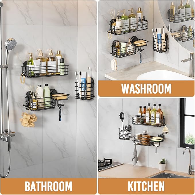 LEVERLOC Shower Caddy Suction Cup, 3 Pack Heavy Duty Bathroom Organizer for Inside Shower with Hooks & Soap Holder, Removable Bathroom Holder, Rustproof Black Storage