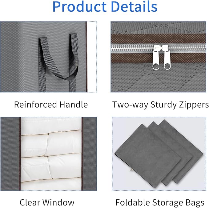 Fixwal Extra Large Blanket Storage Bags 120L Comforter Storage Bags with Reinforced Handles Breathable Clothes Storage Containers for King Comforter Bedding Pillow Sheet Grey