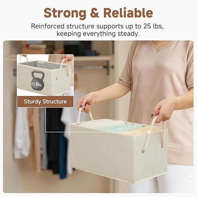 StorageWorks Storage Baskets for Shelves, Fabric Storage Bins, Closet Organization and Storage Basket, Foldable Organizer Bins for Clothes, Beige, White & Ivory, Large, 3-Pack