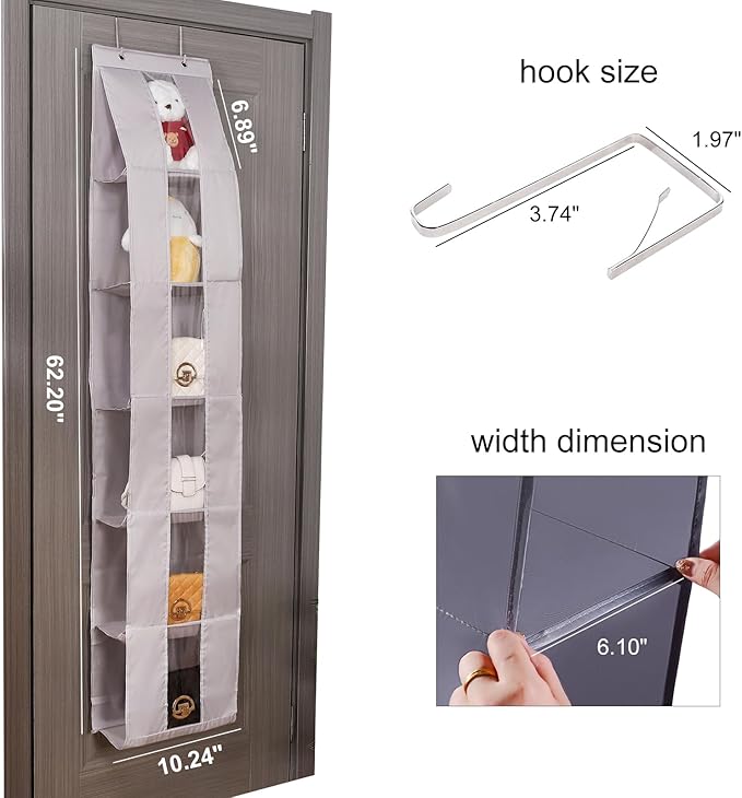 Over The Door Purse Organizer, 6-Pocket Hanging Storage for Handbags, 62.2x10.24 Inch, Space-Saving Closet Organizer with Metal Hooks, Gray (Light Gray)