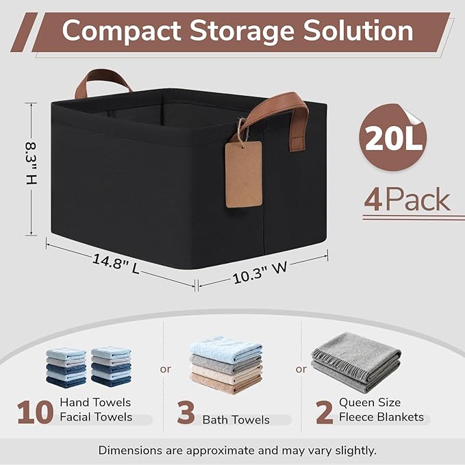CHICVITA 4 Pack Storage Baskets for Shelves, Collapsible Fabric Closet Storage Bins with Metal Frame, Towel Organizer for Bathroom Living Room, 14.8" x 10.3" x 8.3", Black