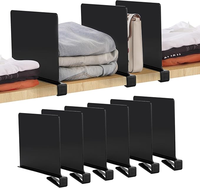 JOY DECOR 6 Pack Acrylic Matte Black Shelf Dividers for Closets Organizer and Storage Adjustable Vertical Wood Shelf Closet Separators for Clothes,Book,Bags in Bedroom and Kitchen
