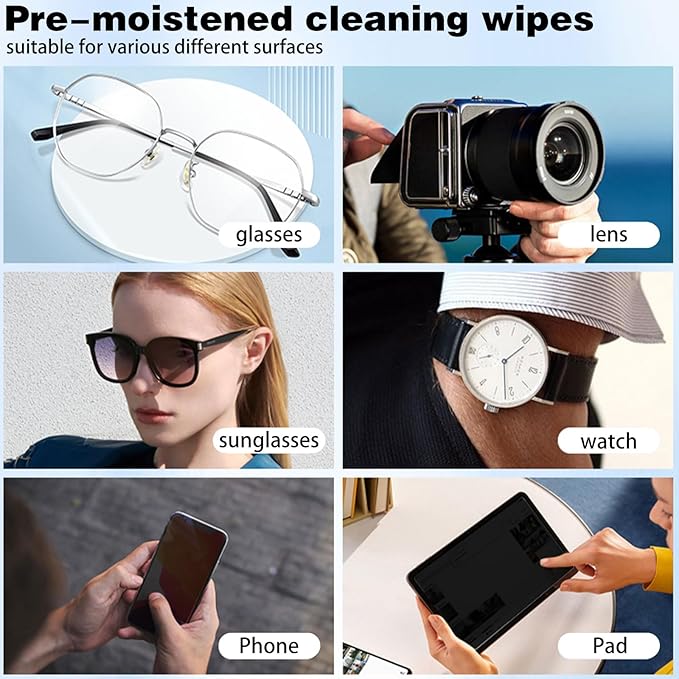 200 Count Lens Wipes for Eyeglasses and 6 pcs Microfiber Cleaning Cloth，Eyeglass Lens Cleaning Wipes，Individually Wrapped Streak-Free Eyeglass Cleaning Wipes for Sunglass, Camera Lens, Goggles.