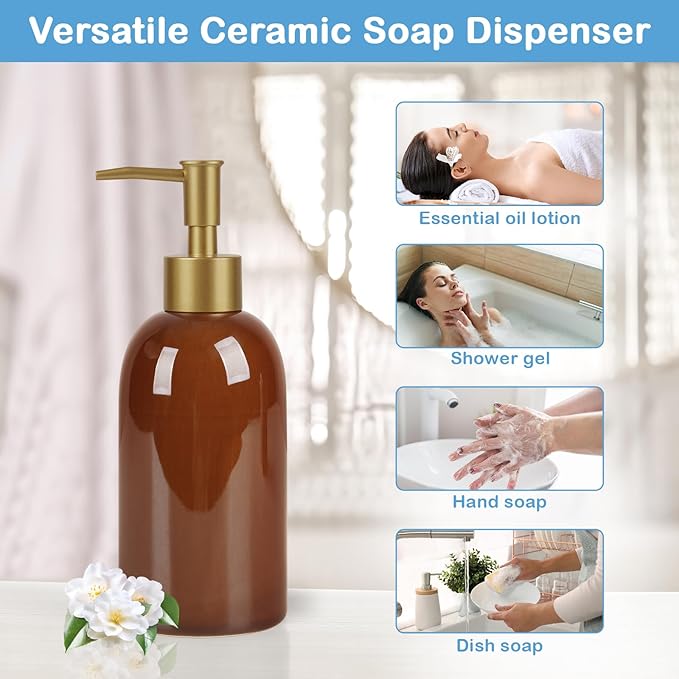 Natheeph 14OZ Ceramic Soap Dispenser Ceramic Soap Pump Dispenser Can Fill Liquid for Bathroom/Kitchen (Amber)