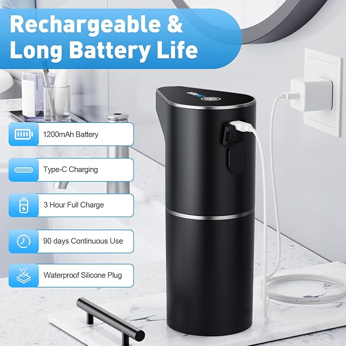 Automatic Soap Dispenser,Touchless Hand Wall Mount Rechargeable 3 Gear Adjustable Electric Soap Dispenser 350ml with Infrared Motion Sensor for Bathroom,Kitchen,Office, Black Foam