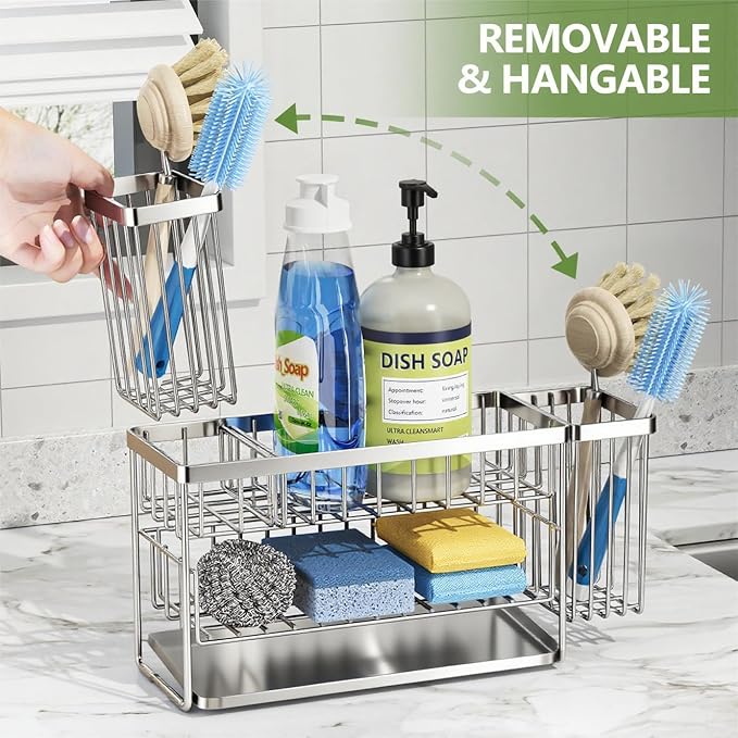 Cisily Silver 2-Tier Kitchen Sink Caddy Organzier Rack with Flexible Dish Brush Holder, Sponge Holder for Kitchen Sink Countertop Organization Storage,Home Decor Stainless Steel