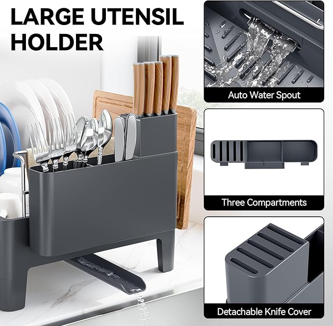 Expandable Dish Drying Rack, Stainless Steel Dish Rack with Aluminum Frame, Dish Drainer for Kitchen Counter, Space Saving Kitchen Drying Rack with Movable Utensil Holder,Gray