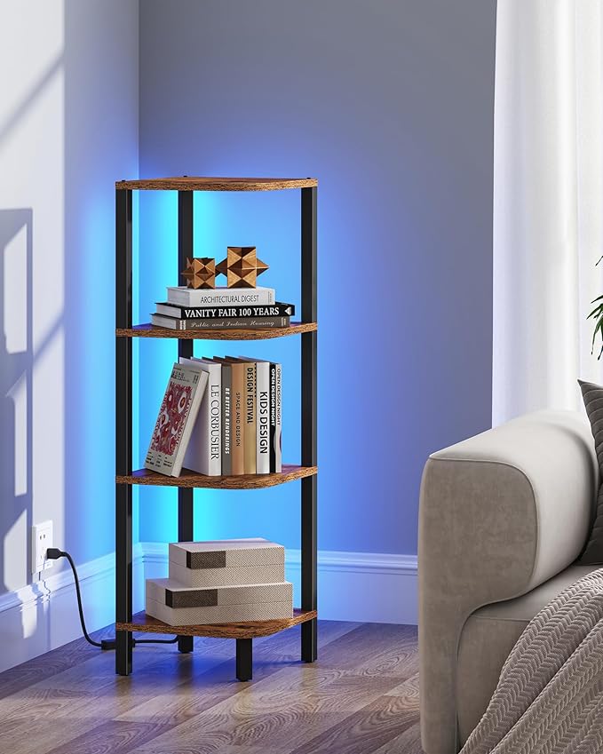 TUTOTAK Corner Shelf, 4-Tier Corner Bookshelf for Small Space, Narrow Display Corner Shelf Stand with Storage Rack, for Living Room, Bedroom, Rustic Brown BS08BB004L