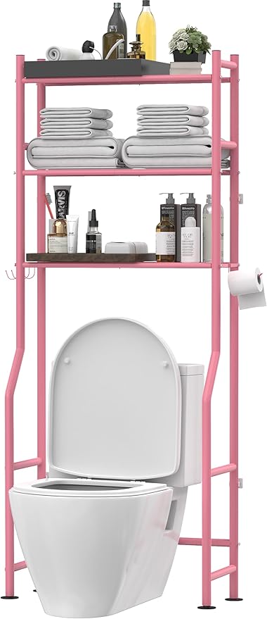 3-Tier Over The Toilet Storage, Freestanding Metal Bathroom Shelves with 4 Hooks, Over Toilet Storage Shelf with Paper Holder, Above The Toilet Shelf for Bathroom Storage, Pink