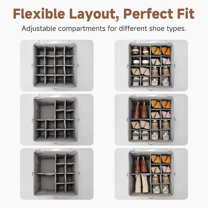 StorageWorks 2 Pack Shoe Organizer for Closet, Foldable Shoe Storage Box with Adjustable Dividers, Fabric Shoe Boxes Organizer for 32 Pairs, Closet Organizers and Storage Bin for Boots, Sneakers, Grey