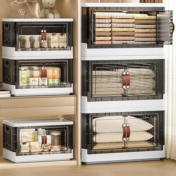 4 Tier Plastic Storage Bins with Lids 48QT, Stackable Storage Containers with Wheels, Folding Boxes, Collapsible Bins for Living Room,Office,Dorm