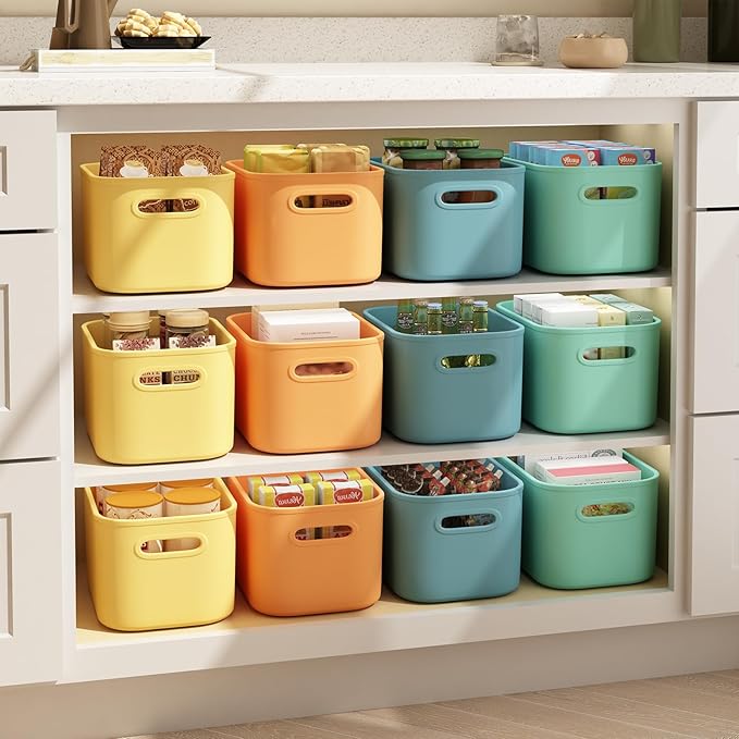 12 Pack Colorful Storage Bins for Shelves, Plastic Storage Containers for Organizing, Stackable Storage Boxes with Handle, Colored Storage Bins for Classroom, Craft, Snacks, Cabinet, 9.7x6.7x5.7 inch