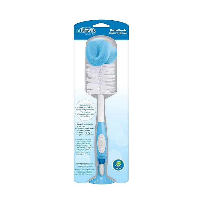 Dr. Brown's Reusable Sponge Baby Bottle Cleaning Brush with Suction Cup Stand, Scrubber and Nipple Cleaner, BPA-Free, Blue, 1-Pack