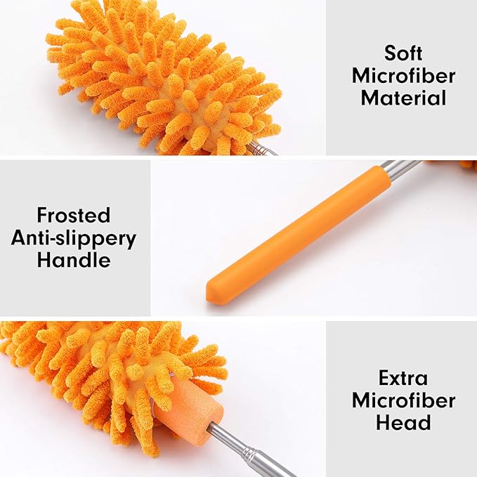 Microfiber Duster for Cleaning, Tukuos Hand Washable Dusters with 4pcs Replaceable Microfiber Heads, Extendable Pole, Detachable Cleaning Supplies for Office, Car, Window, Furniture, Ceiling Fan