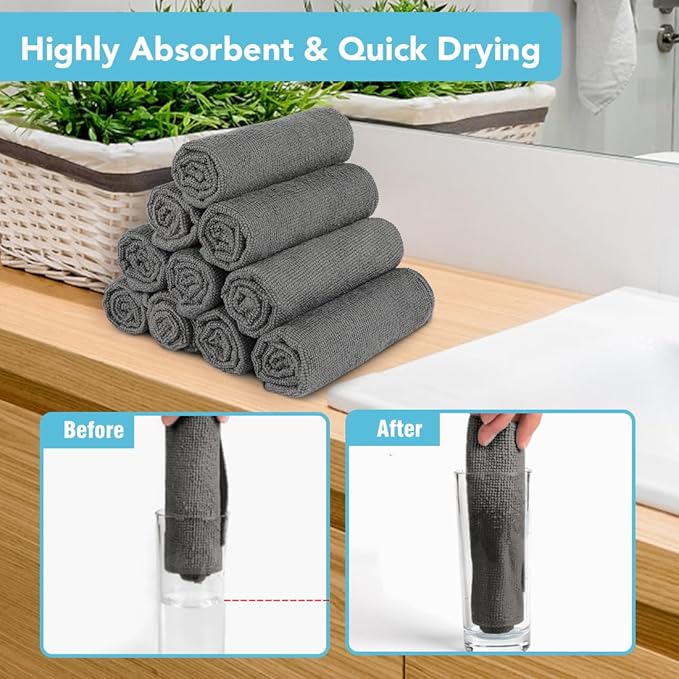 Orighty Washcloths Towels Set 10 Pack, Highly Absorbent and Soft Feel Microfiber Face Cloths, Multi-Purpose Wash Cloths & Hand Towels for Bathroom, Hotel, Spa, and Gym, 11.5x11.5 Inch, Grey