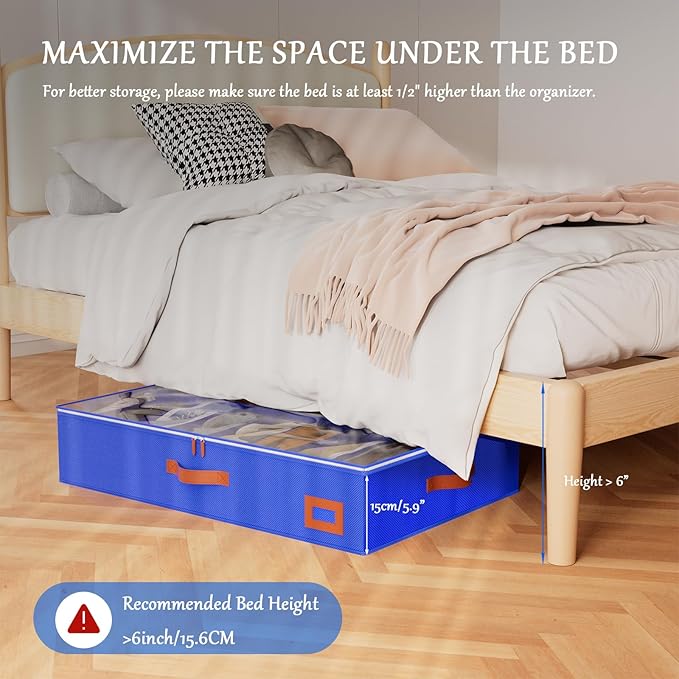 homyfort Under Bed Shoe Storage Organizer, Underbed Shoes Storage Containers, set of 2, fits up to 32 Pairs of Shoes (Blue)