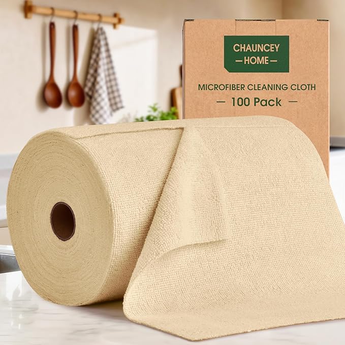CHAUNCEY HOME Microfiber Cleaning Cloth Roll - 100 Pack Tear Away Microfiber Paper Towels, Reusable, Washable, Scratch-Free, Kitchen Towels for Car, Home, Kitchen, Glass, Dishes (Wheat Beige)