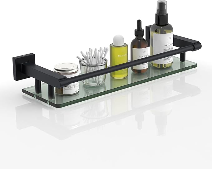 SFGSOWOR Glass Shelf 16IN for Bathroom Black Rectangular Stainless Steel Tempered Glass Modern Wall Mount Shelf Sink Over Toilet Bathroom Organizer (Matte Black, 16‘’)
