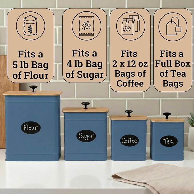 Kitchen Canisters for Countertop Set of 4 with Customizable Chalkboard Labels & Marker Pen - Big Iron Kitchen Canister Set with Airtight Lids - Blue Canisters - Sugar Tea Coffee Containers Sets
