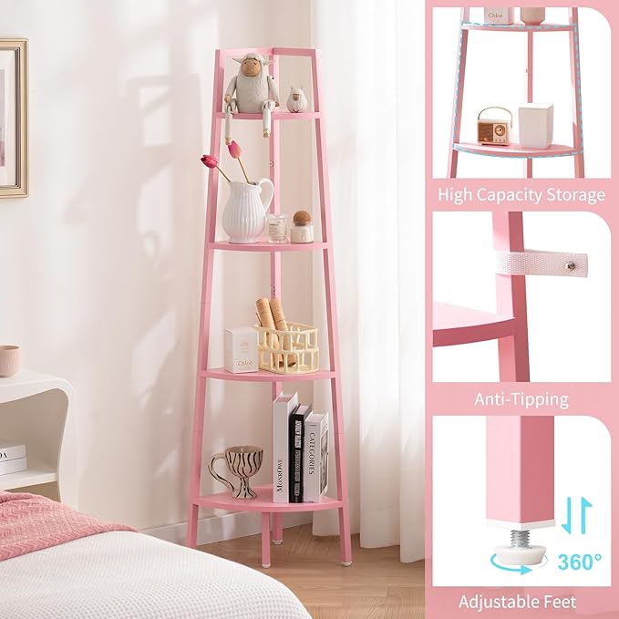 Yoobure Corner Shelf, 4-Tier Corner Bookshelf with Metal Frame & Wood Ladder Shelves - Display Shelf & Tall Bookcase, Plant Stand for Home Decor - Bedroom, Living Room, Office