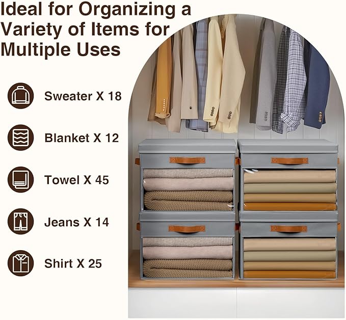 Large Storage Bins with Lids - 6 Pack Foldable Decorative Organizers with Clear Windows & Handles, Cube Storage Organizers for Clothes, Blankets, Sweaters, CD, Grey
