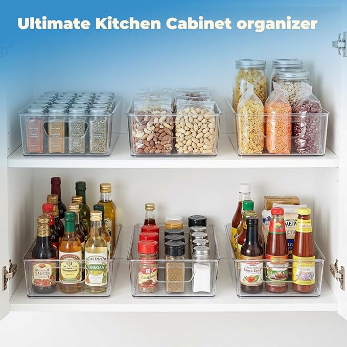 4 Pack Pantry Organizers and Storage, Clear Plastic with 3 Removable Dividers, for Tea Bag, Snack, Seasoning Organizer – BPA Free Perfect in Pantry and Fridge